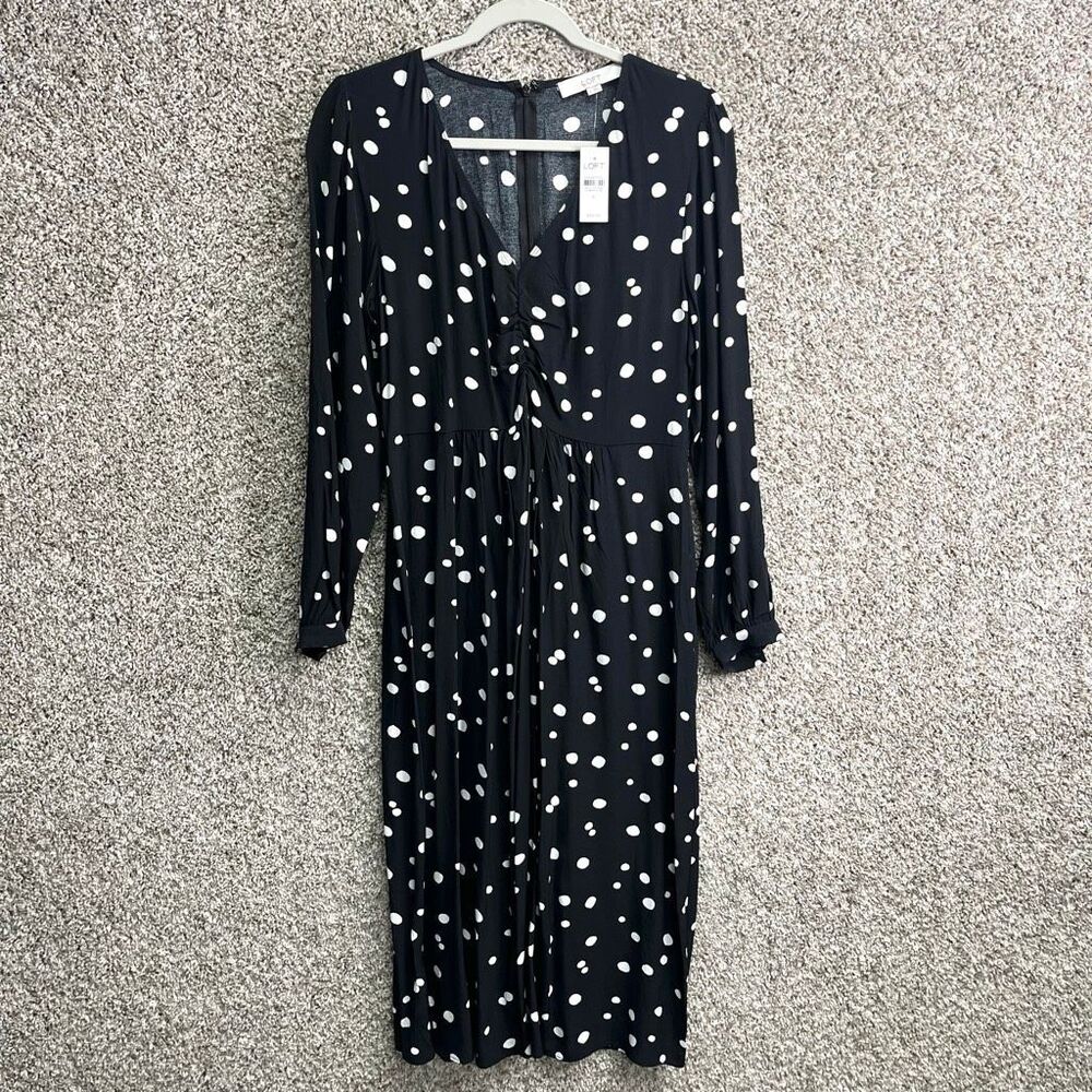 Loft Dress Women’s 6 Black‎ and White Polka Dot Long Sleeve Midi NWT